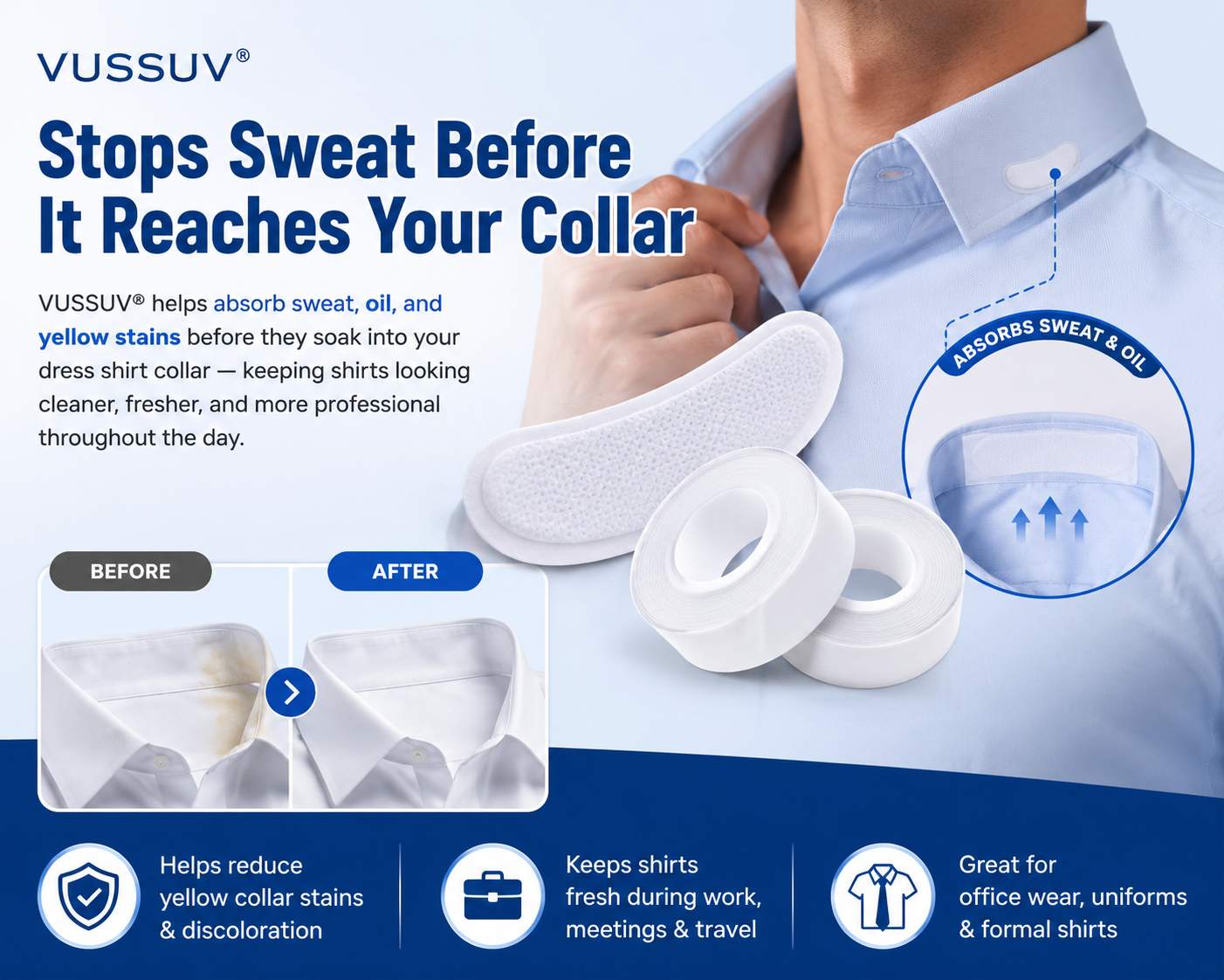 VUSSUV® Disposable Sweat Pads Collar Protectors for Shirts (1.18")